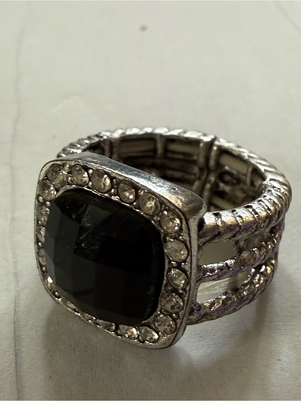 Silver-Tone Black Gem Statement Ring